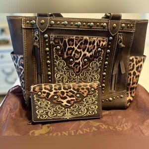 Montana West Embroidered Floral Leopard Print Carry Conceal Tote and Wallet